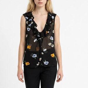 GANNI Blouse Ganni Dainty Georgette Ruffle Top Black Floral Size 36 Small